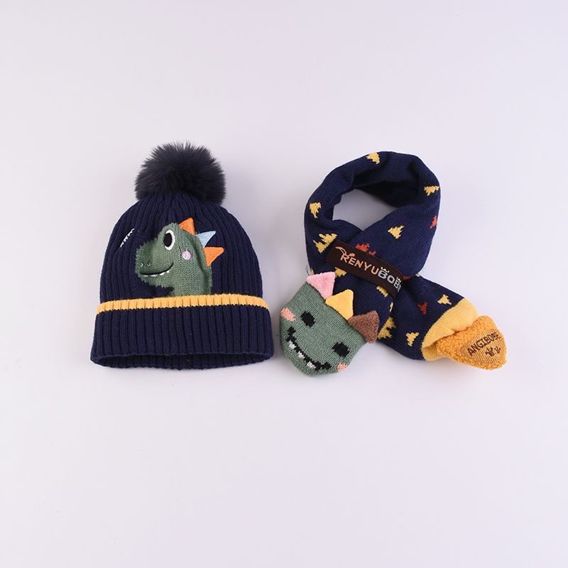 2 St Ny Höst Vinter Pojkar & Flickor Tecknad Dinosaur Print Hatt & Stickad Scarf