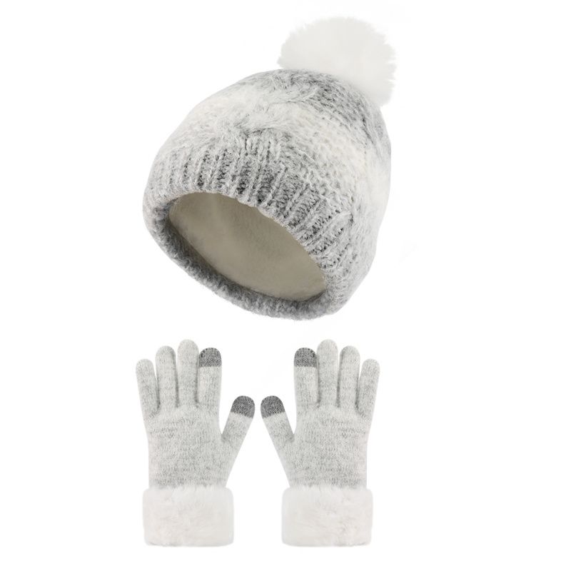 2st Småbarn Flickor Vintermössa Handskar Set Stickad Beanie Plysch Förtjockad Varm Keps Med Söt Pom Pom