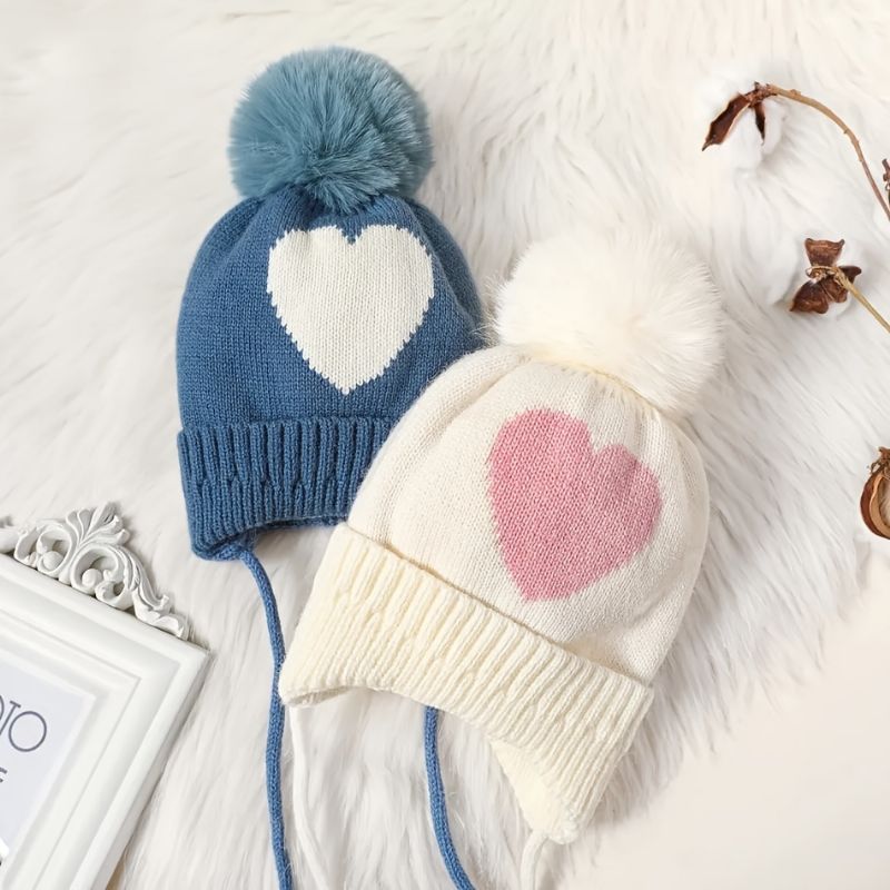 Barn Bebis Heart Print Beanie Stickad Mössa Med Pom Pom Öron Varma Vinter Flickor Pojkar