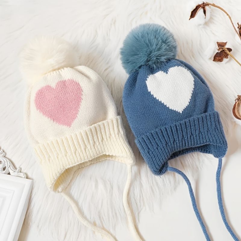 Barn Bebis Heart Print Beanie Stickad Mössa Med Pom Pom Öron Varma Vinter Flickor Pojkar