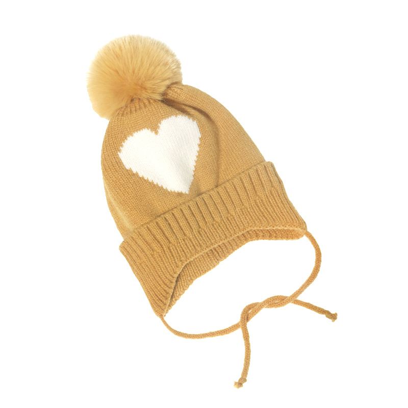 Barn Bebis Heart Print Beanie Stickad Mössa Med Pom Pom Öron Varma Vinter Flickor Pojkar