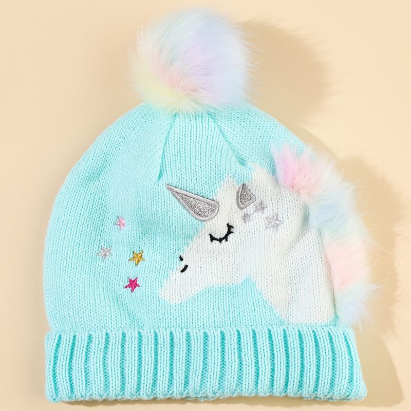 Barn Flickor Varm Keps Unicorn Stickad Mössa Med Pom Pom Winter