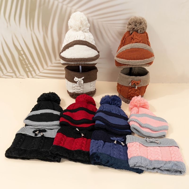 Barn Knit Beanie Hatt Scarf Munskydd Set Fleece Varm Keps Med Pompom Vinter För Flickor Pojkar