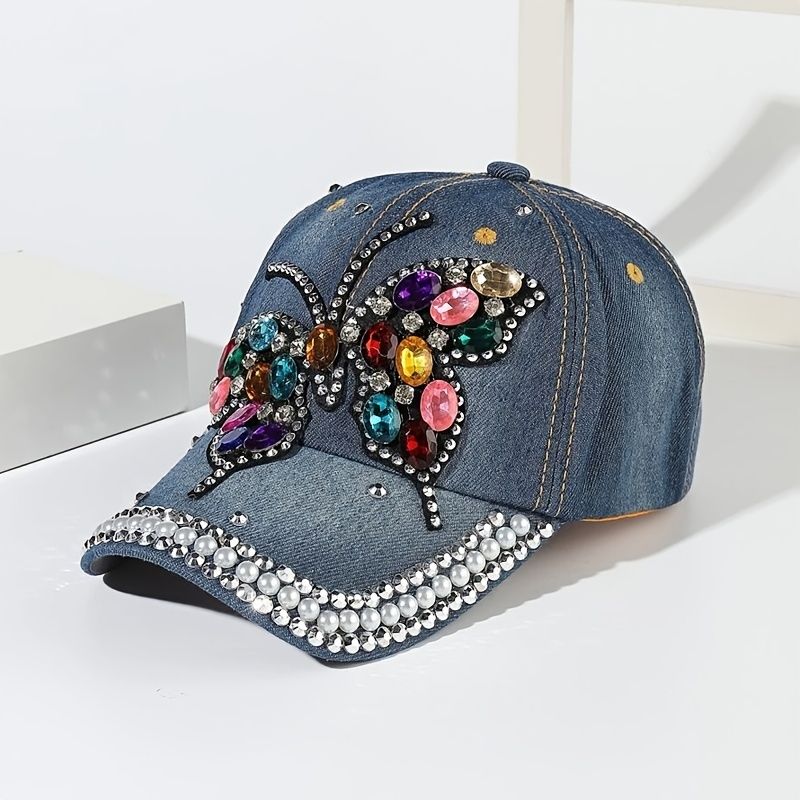 Butterfly Rhinestone Denim Baseball Keps Utomhus Justerbar Casual Style Hatt För Kvinnor Flickor