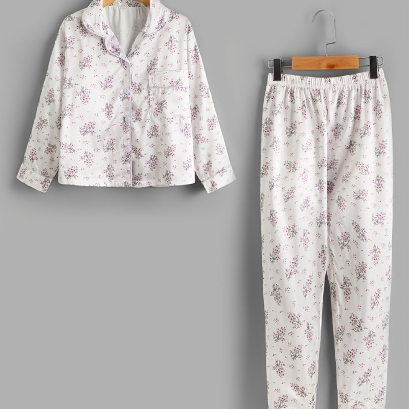 2 St Höst & Vinter Flickor Casual Lapel Blommönster Långärmade Byxor Pyjamas Set