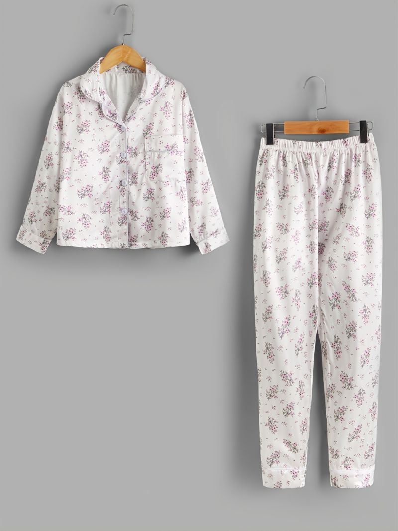 2 St Höst & Vinter Flickor Casual Lapel Blommönster Långärmade Byxor Pyjamas Set