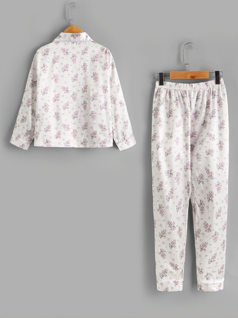 2 St Höst & Vinter Flickor Casual Lapel Blommönster Långärmade Byxor Pyjamas Set