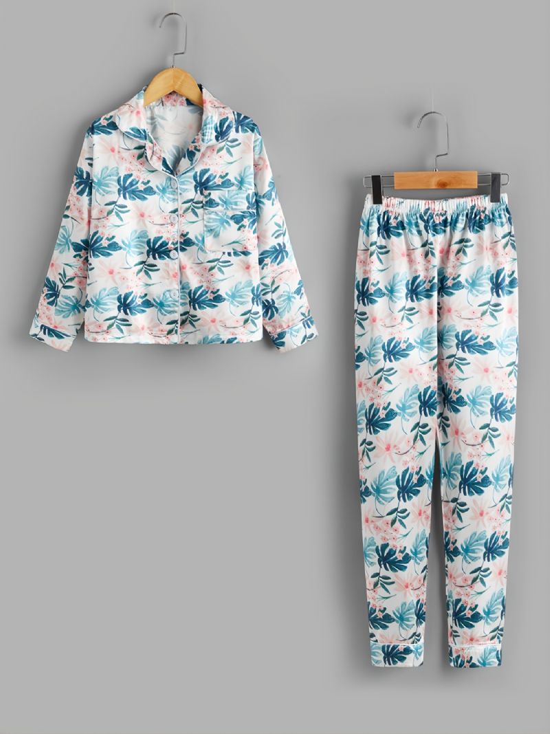 2 St Höst & Vinter Flickor Casual Lapel Leaf Print Långärmade Byxor Pyjamas Set