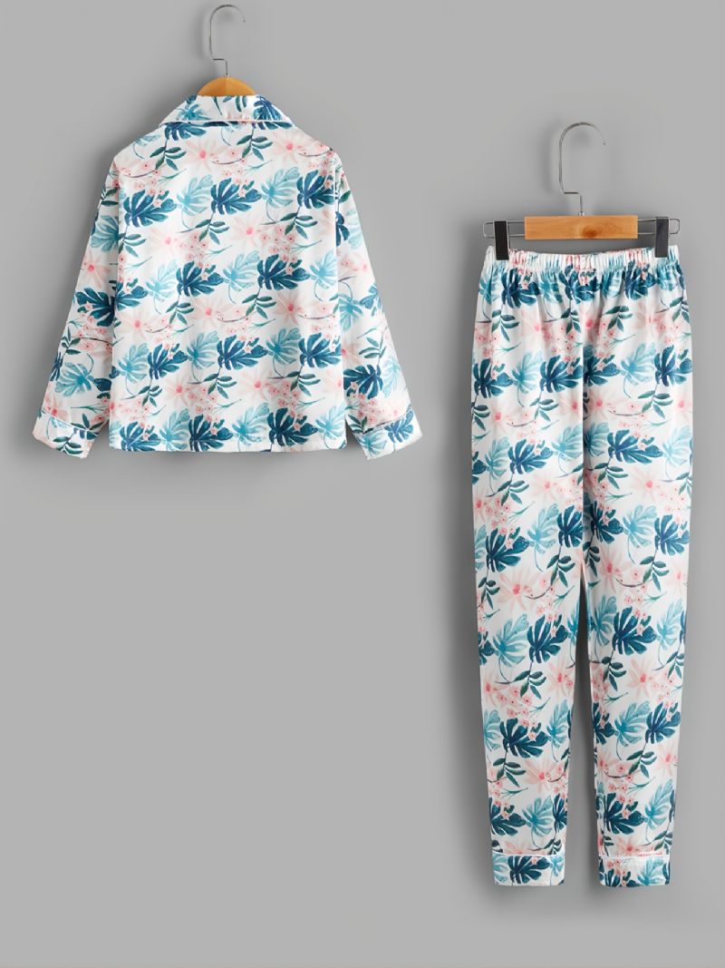 2 St Höst & Vinter Flickor Casual Lapel Leaf Print Långärmade Byxor Pyjamas Set