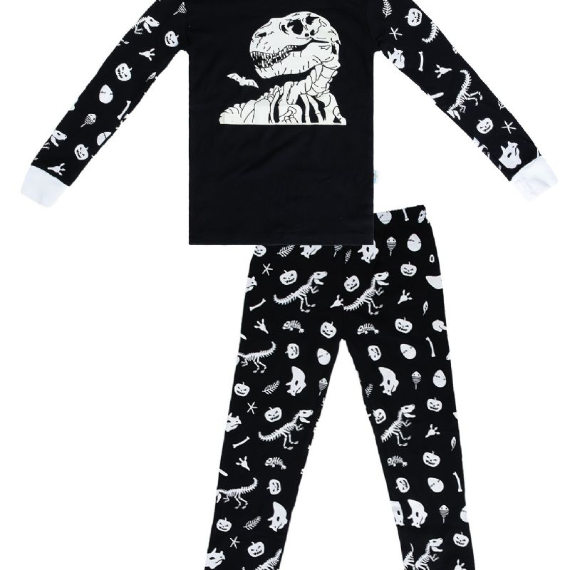 2st Barn Pyjamas Glow-in-the-dark Dinosaurietryck Med Rund Hals Och Långärmad Topp & Byxor För Pojkar Flickor