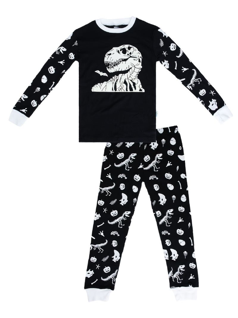 2st Barn Pyjamas Glow-in-the-dark Dinosaurietryck Med Rund Hals Och Långärmad Topp & Byxor För Pojkar Flickor