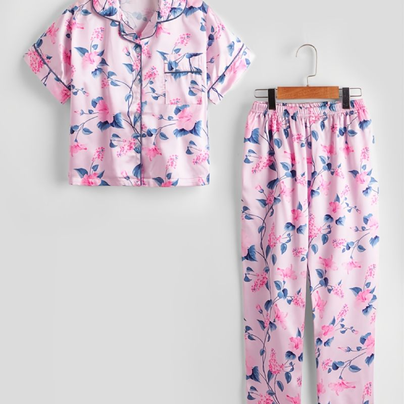 2st Flickor Blommigt Tryck Krage Kofta Ärmar Byxor Casual Pyjamas Set