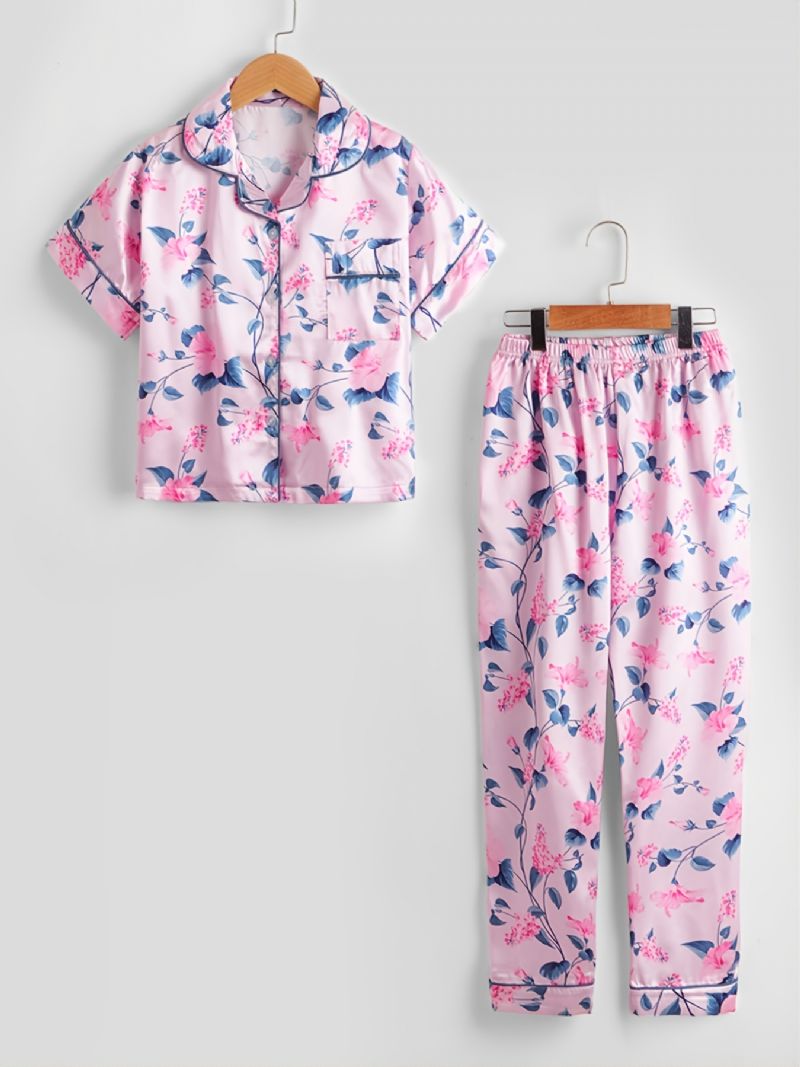 2st Flickor Blommigt Tryck Krage Kofta Ärmar Byxor Casual Pyjamas Set