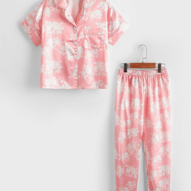 2st Flickor Blommönster Lapel Neck Front Satin Pyjamas Set