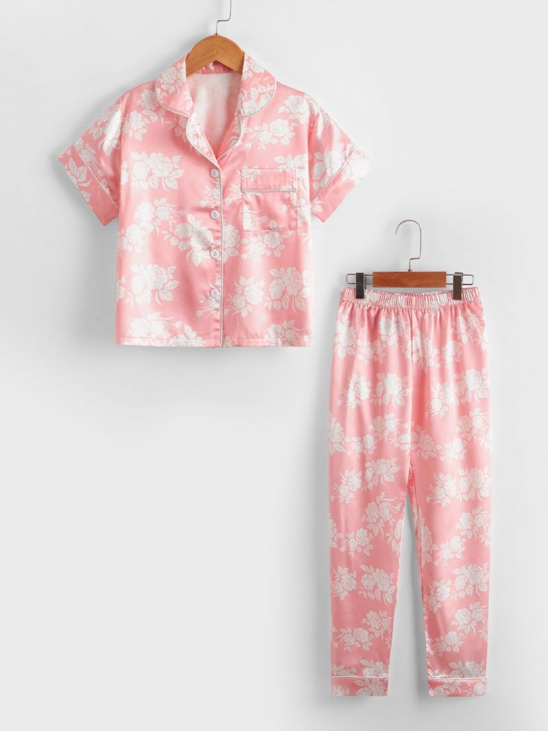 2st Flickor Blommönster Lapel Neck Front Satin Pyjamas Set