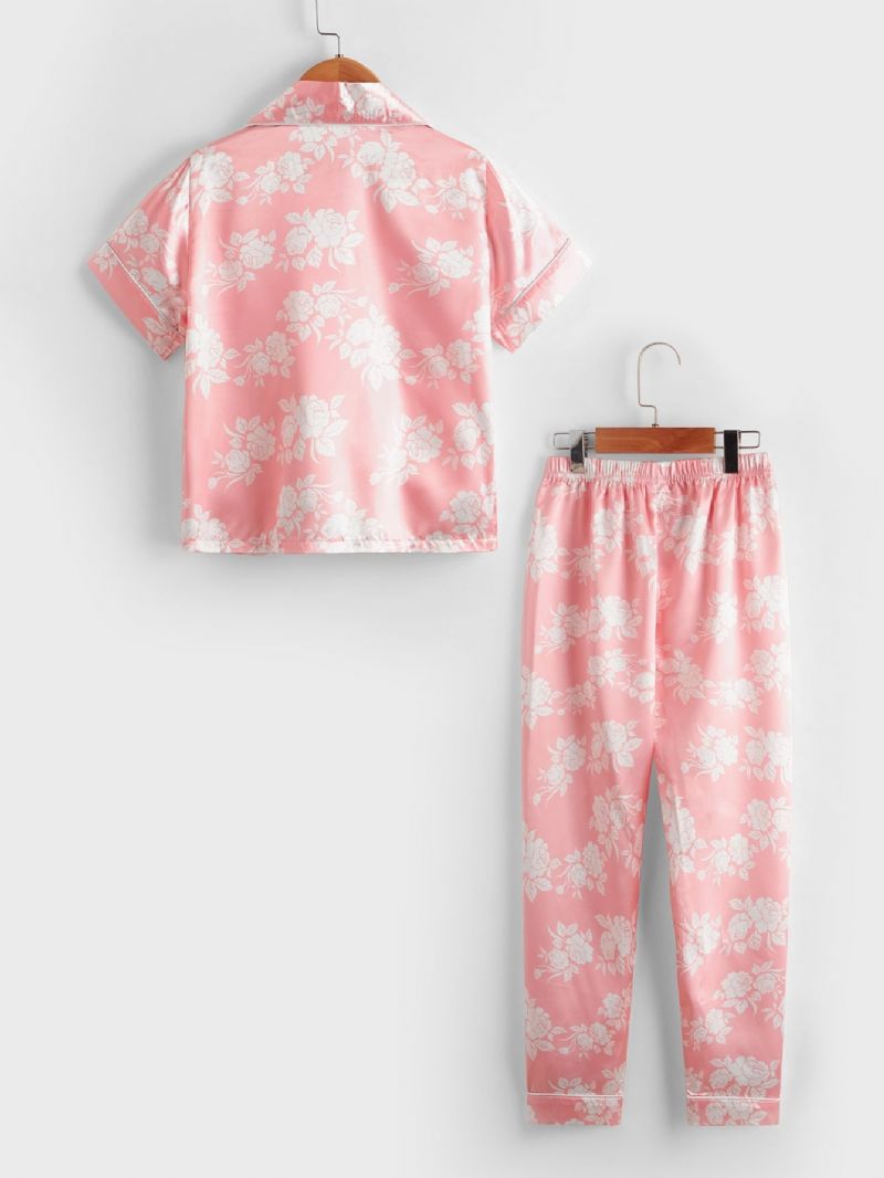 2st Flickor Blommönster Lapel Neck Front Satin Pyjamas Set