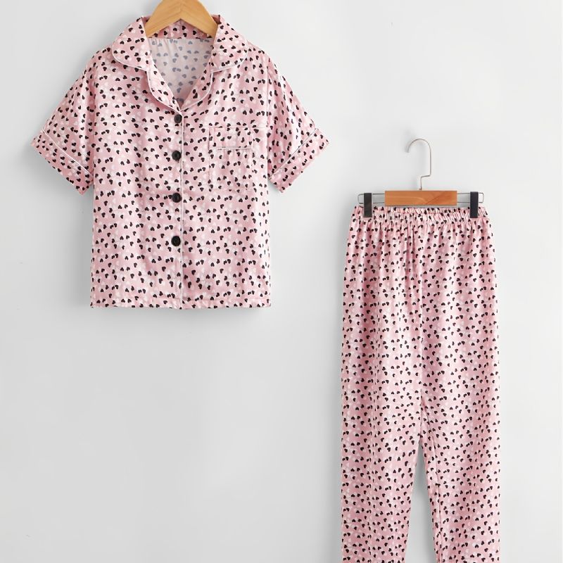 2st Flickor Casual Bekväm Rosa Love Lapel Kortärmade Byxor Pyjamas Set