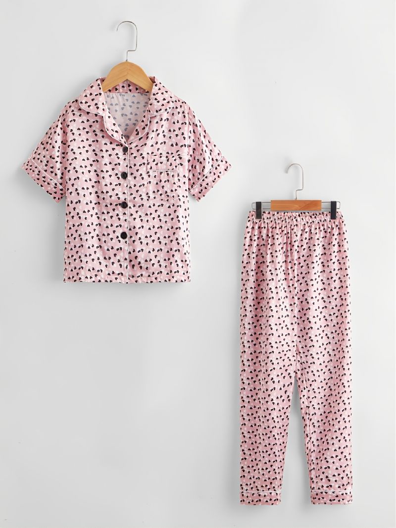 2st Flickor Casual Bekväm Rosa Love Lapel Kortärmade Byxor Pyjamas Set