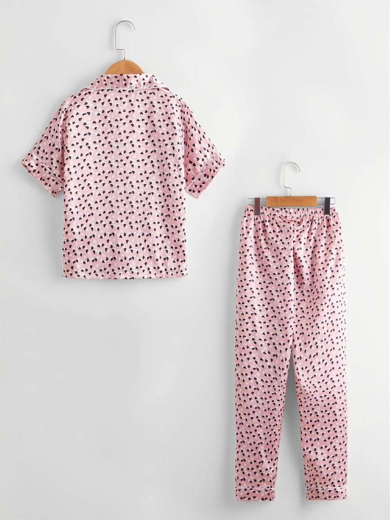 2st Flickor Casual Bekväm Rosa Love Lapel Kortärmade Byxor Pyjamas Set