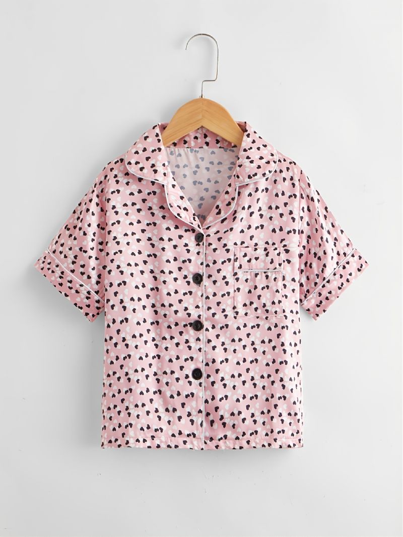 2st Flickor Casual Bekväm Rosa Love Lapel Kortärmade Byxor Pyjamas Set