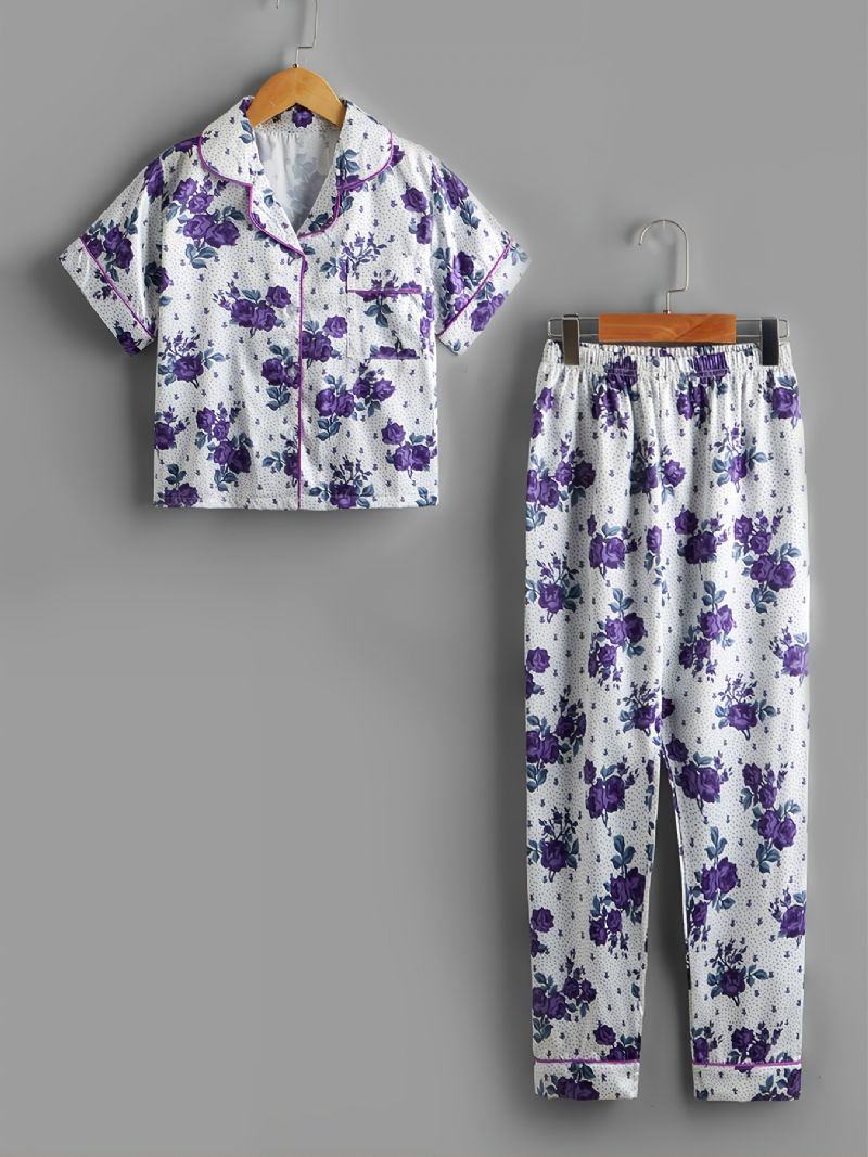 2st Flickor Casual Blommor Print Collared Cardigan Sleeve Byxor Pyjamas Set