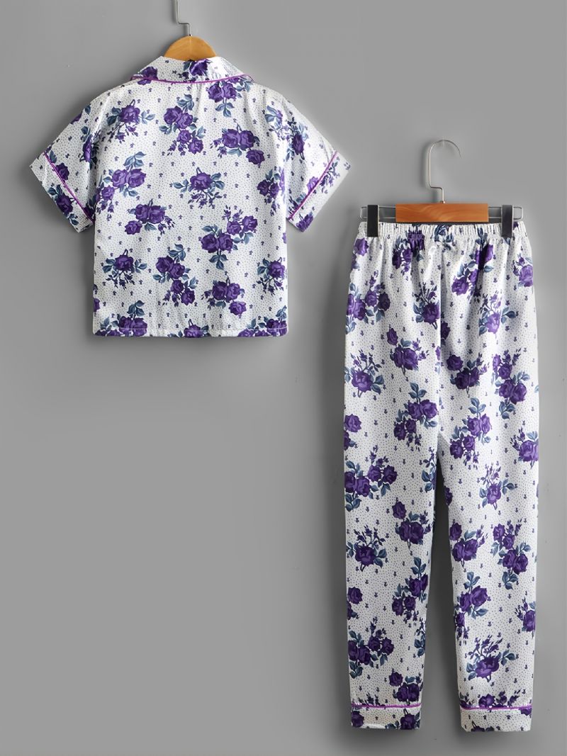 2st Flickor Casual Blommor Print Collared Cardigan Sleeve Byxor Pyjamas Set