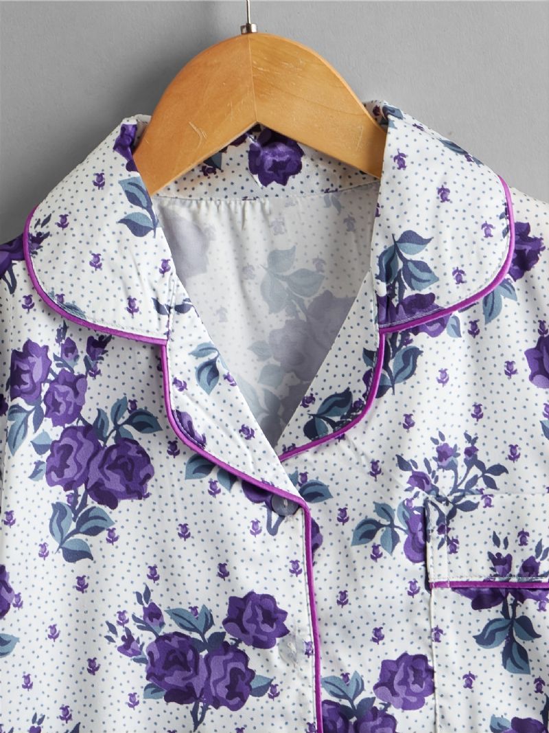 2st Flickor Casual Blommor Print Collared Cardigan Sleeve Byxor Pyjamas Set