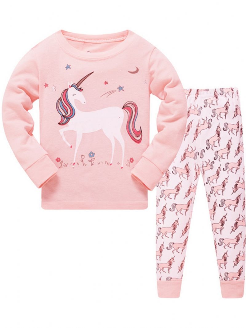 2st Flickor Casual Cartoon Unicorn Print Crew Neck Rosa Bomull Pyjamas Set