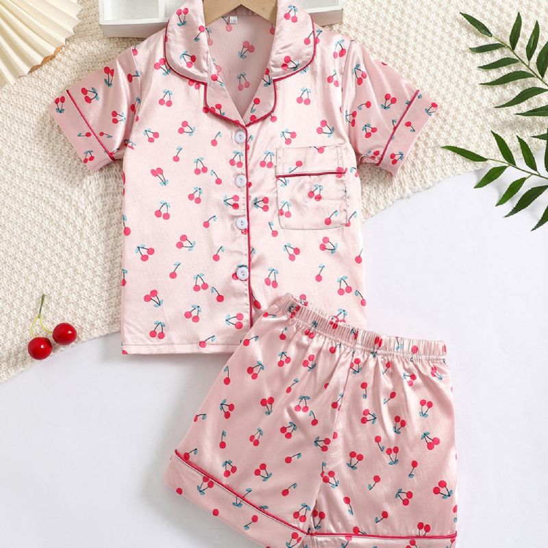 2st Flickor Cherry Print Satin Lapel Neck Pyjamas Set