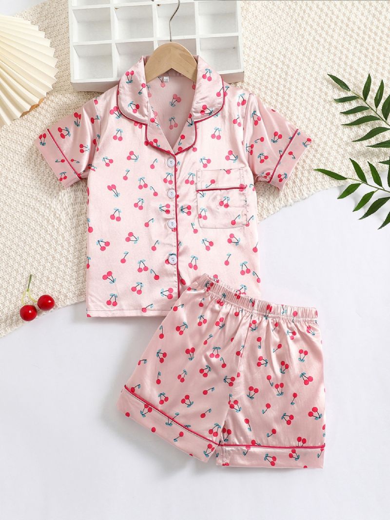 2st Flickor Cherry Print Satin Lapel Neck Pyjamas Set