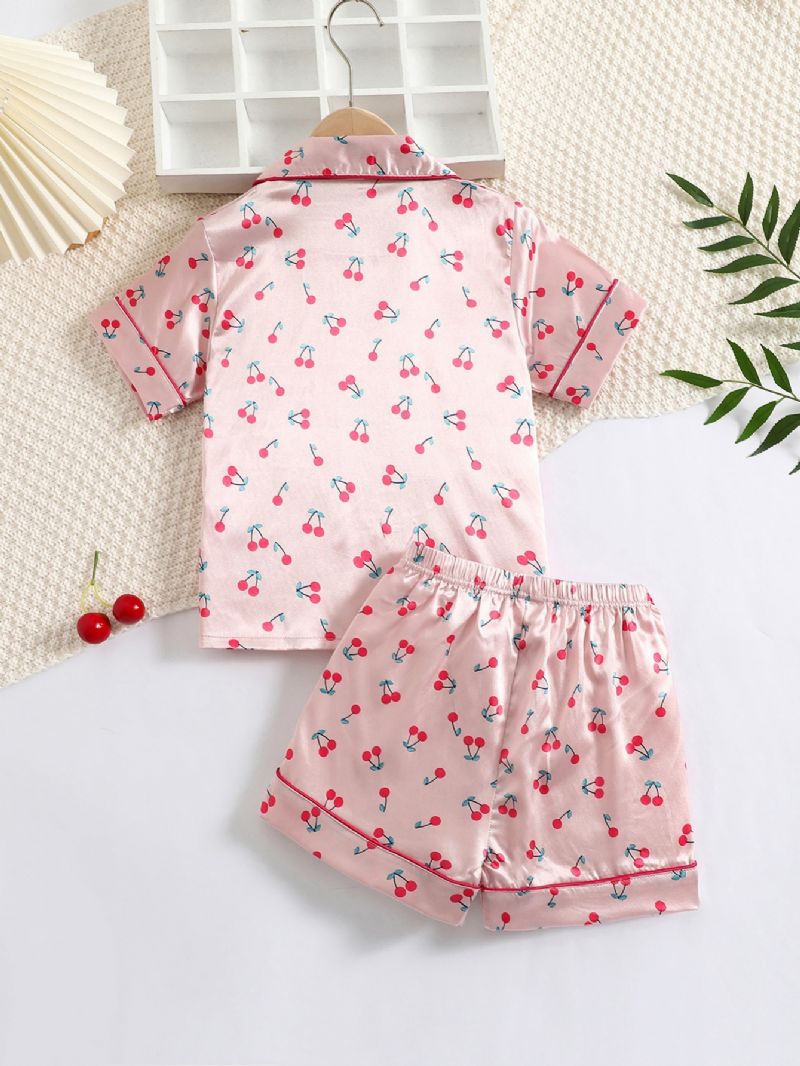 2st Flickor Cherry Print Satin Lapel Neck Pyjamas Set