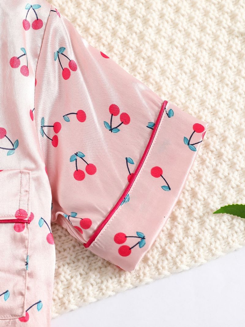 2st Flickor Cherry Print Satin Lapel Neck Pyjamas Set