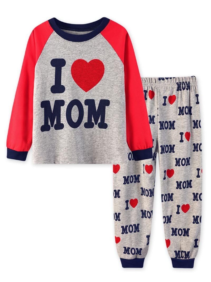 2st Flickor Enkel Casual Pyjamas Set Rundhalsad Långärmad Toppar & Byxor Med (i Love Mom) Tryck För Vintern