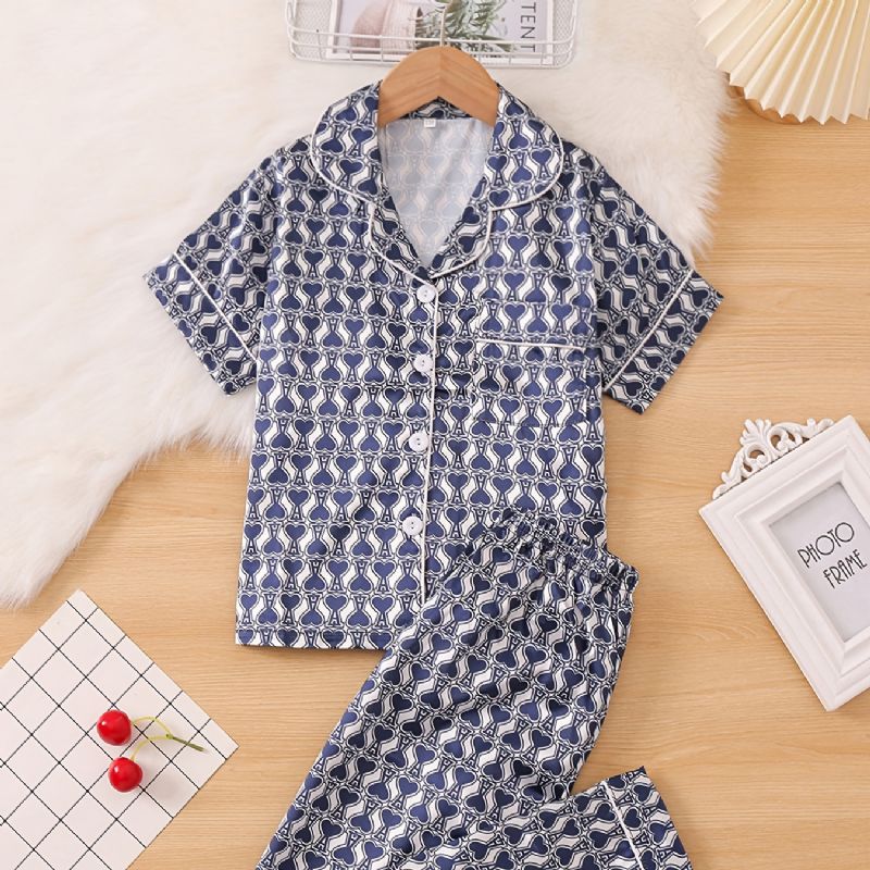 2st Flickor Geometriskt Print Mönster Lapel Neck Satin Pyjamas Set