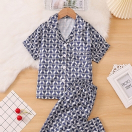 2st Flickor Geometriskt Print Mönster Lapel Neck Satin Pyjamas Set