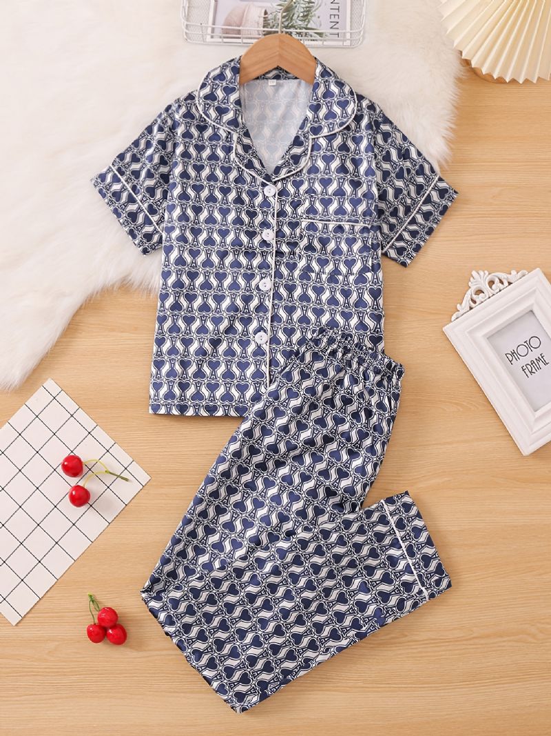 2st Flickor Geometriskt Print Mönster Lapel Neck Satin Pyjamas Set