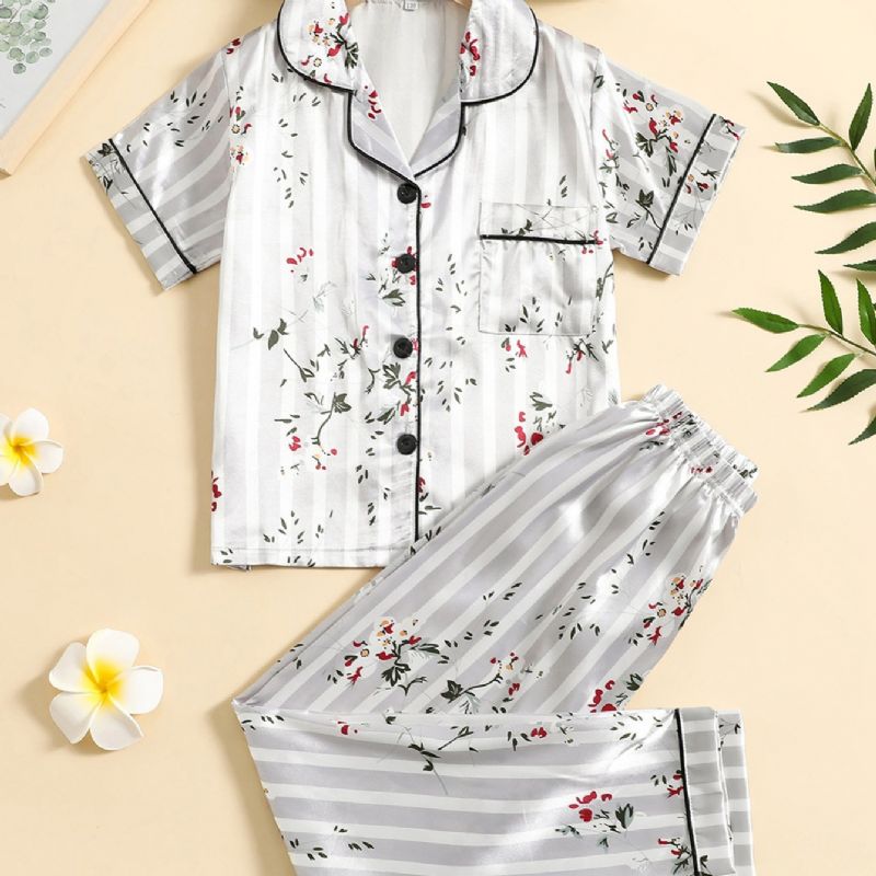 2st Flickor Plant Blommönster Lapel Neck Button Front Pyjamas Set