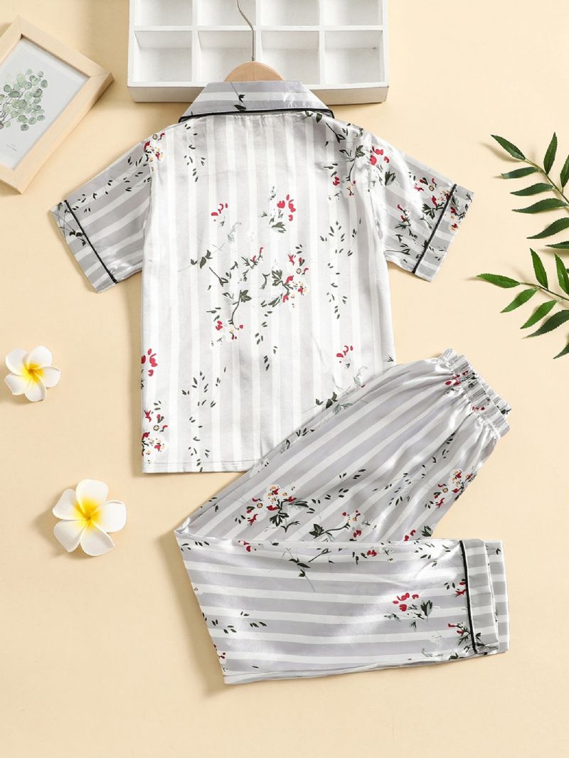 2st Flickor Plant Blommönster Lapel Neck Button Front Pyjamas Set