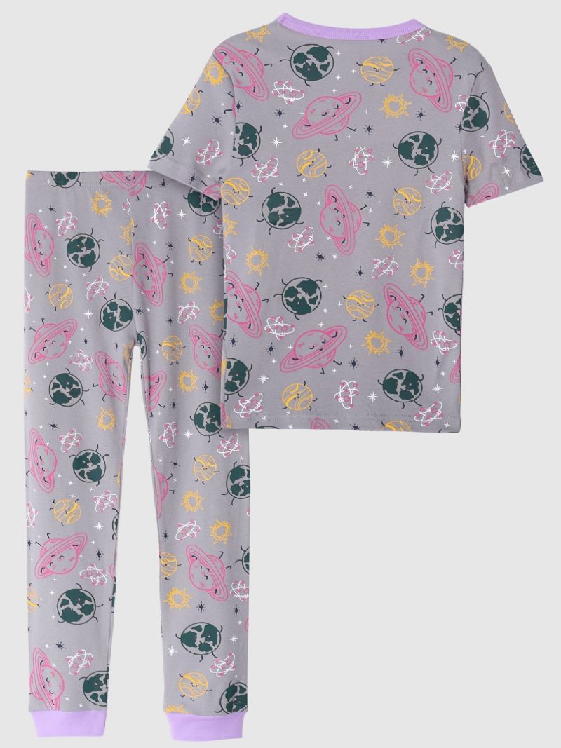 2st Flickor Söt Cartoon Planet Print Pyjamas Set Med Kortärmade Toppar & Byxor