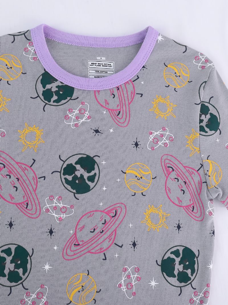 2st Flickor Söt Cartoon Planet Print Pyjamas Set Med Kortärmade Toppar & Byxor