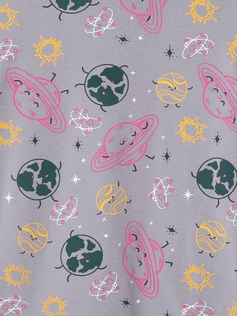 2st Flickor Söt Cartoon Planet Print Pyjamas Set Med Kortärmade Toppar & Byxor