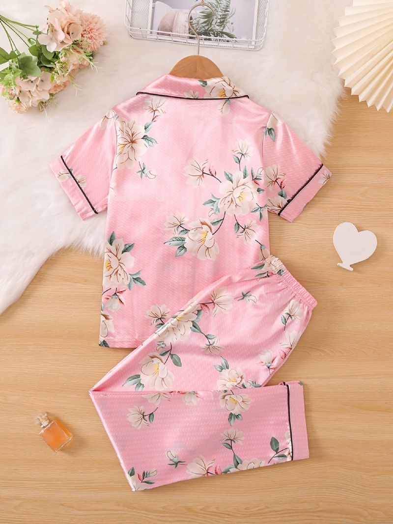 2st Flickor Stort Blommönster Knapp Främre Satin Pyjamas Set