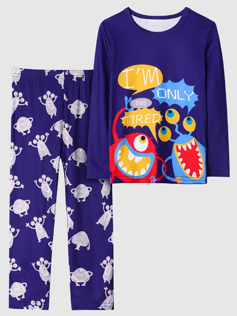 2st Pojkar Casual Cartoon Monster Pyjamas Set Med Långärmade Toppar Och Byxor Marinblå