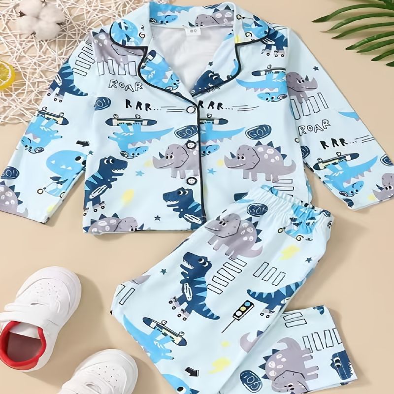 2st Pojkar Casual Cartoon Pyjamas Set Med Lapel Toppar & Byxor Barnkläder För Vintern