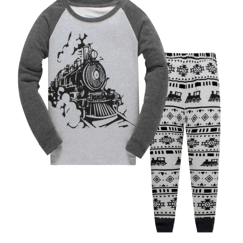 2st Pojkar Casual Train Mönster Crew Neck Långärmad Pyjamas Set