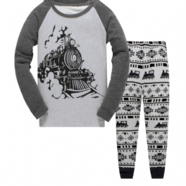 2st Pojkar Casual Train Mönster Crew Neck Långärmad Pyjamas Set