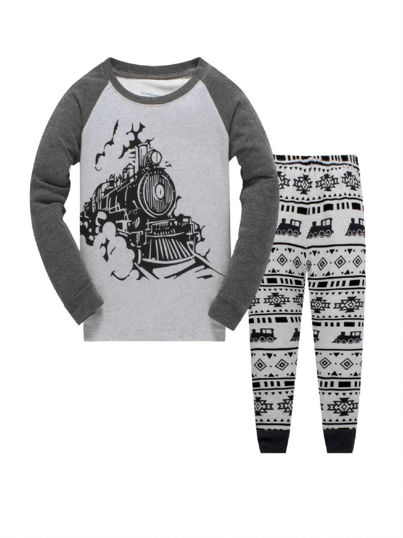 2st Pojkar Casual Train Mönster Crew Neck Långärmad Pyjamas Set