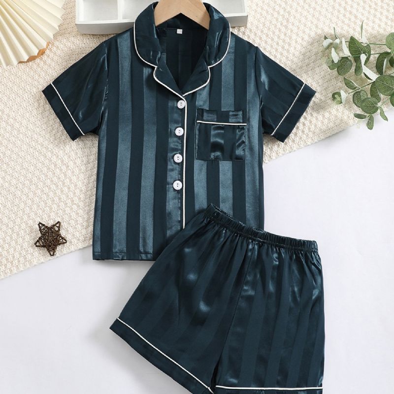 2st Pojkar Randigt Mönster Satin Lapel Neck Pyjamas Set