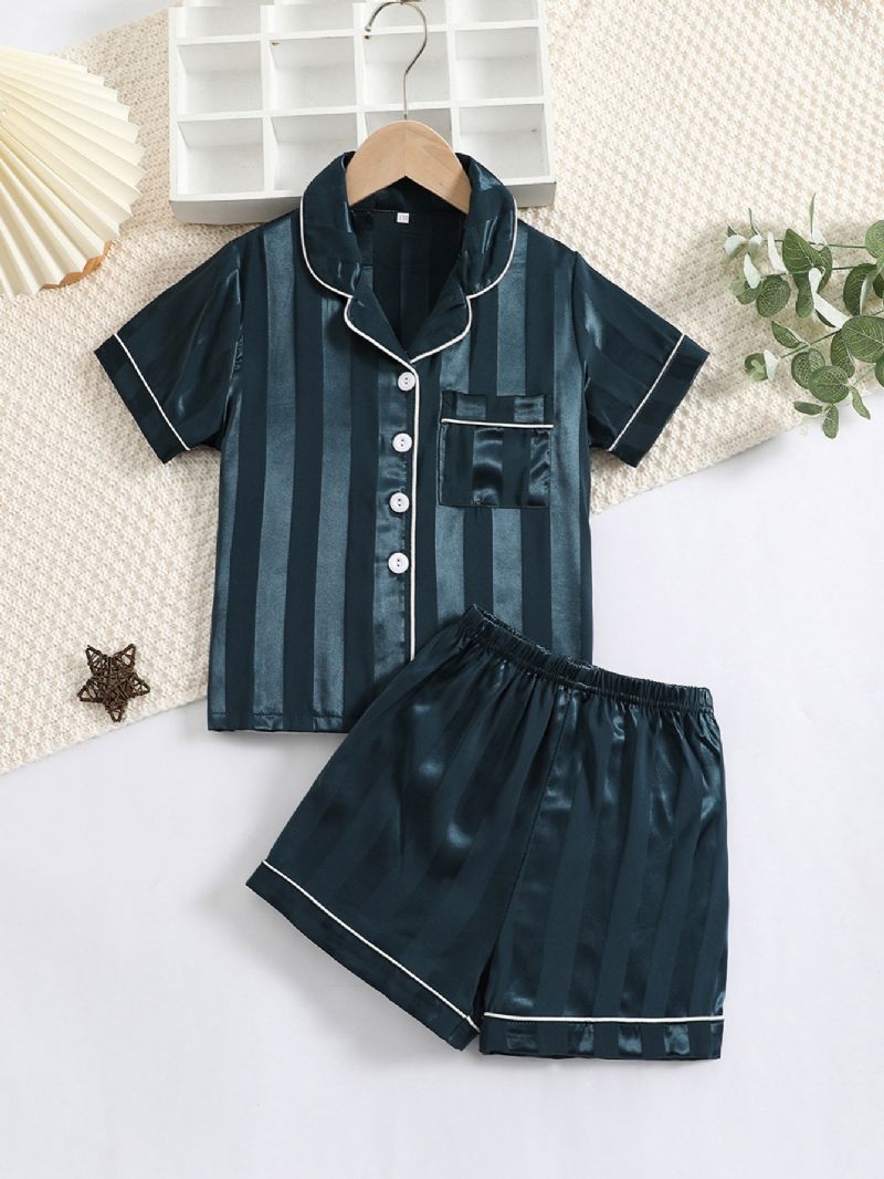 2st Pojkar Randigt Mönster Satin Lapel Neck Pyjamas Set