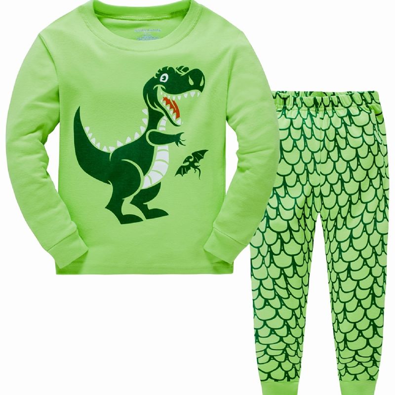 2st Pojkar Tecknad Dinosaur Print Pyjamas Set Söt Casual Termisk Rund Hals Långärmade Toppar Och Byxor För Vintern